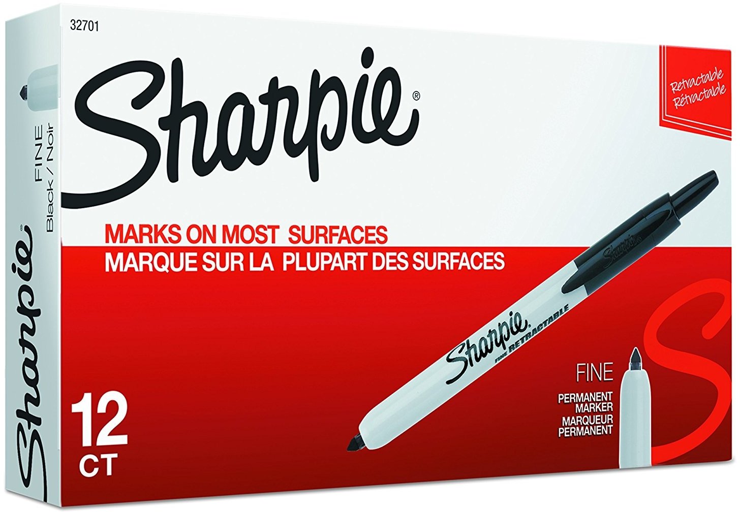 Sharpie 32701 Retractable Permanent Markers, Fine Point, Black, 144 Count (12 Boxes of 12 Markers each Box)