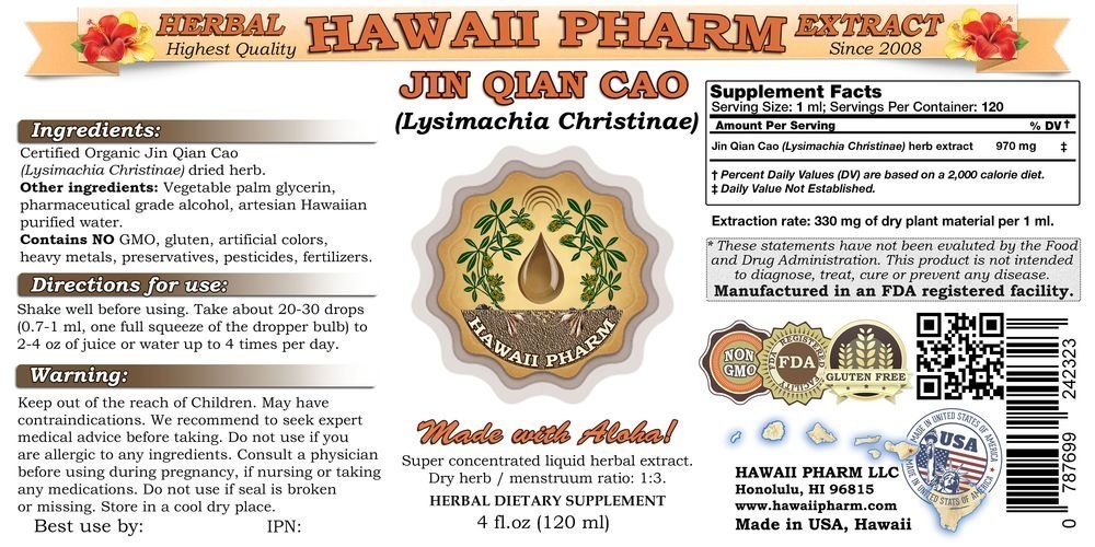 HawaiiPharm Jin Qian Cao Liquid Extract, Jin Qian Cao (Lysimachia Christinae) Dried Herb Powder Tincture Supplement 4 oz