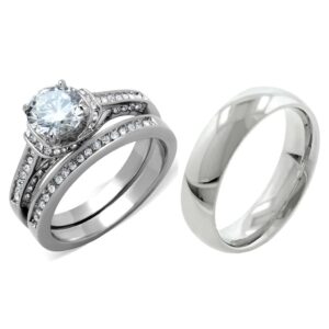 his hers couples ring set womens round cz stainless steel wedding ring set mens matching band - size w6m9