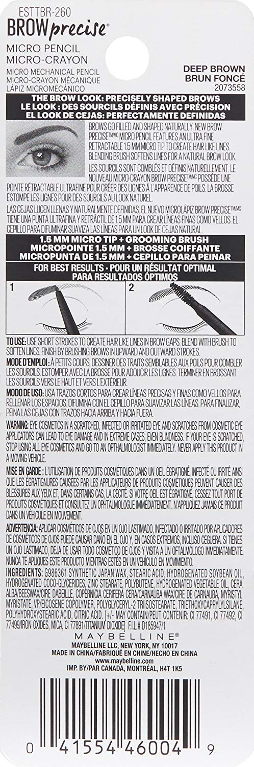 Maybelline New York EyeStudio Brow Precise Shaping Pencil, Deep Brown [260] 0.02 oz (Pack of 2)