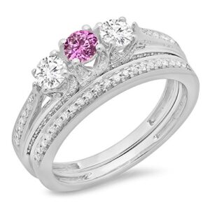 Dazzlingrock Collection 14K Round Pink Sapphire & White Diamond Women 3 Stone Wedding Ring Set, White Gold, Size 8