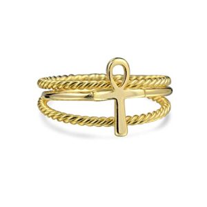 Religious Stackable Minimalist 14K Gold Plated .925 Sterling Silver Egyptian Ankh Cross Ring Set 1MM Enhancer Cable Band