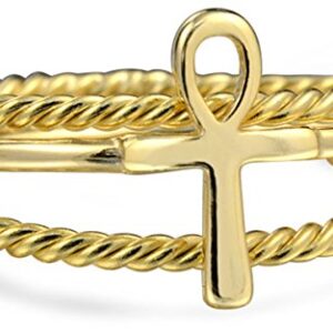 Religious Stackable Minimalist 14K Gold Plated .925 Sterling Silver Egyptian Ankh Cross Ring Set 1MM Enhancer Cable Band