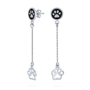 BFF Pet Animal Lover Linear Black Enamel Dog Cat Kitten Puppy Paw Print Dangle Earrings For Women .925 Sterling Silver