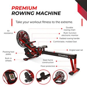 Stamina X Air Rower - Rower Machine with Smart Workout App - Rowing Machine with Air Resistance for Home Gym Fitness - Up to 250 lbs Weight Capacity - Black/Red