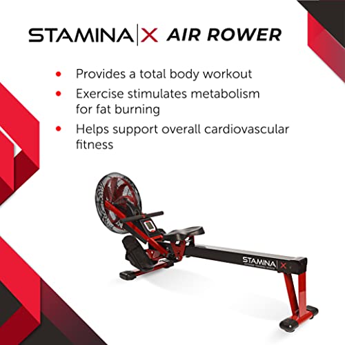 Stamina X Air Rower - Rower Machine with Smart Workout App - Rowing Machine with Air Resistance for Home Gym Fitness - Up to 250 lbs Weight Capacity - Black/Red