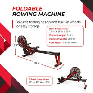 Stamina X Air Rower - Rower Machine with Smart Workout App - Rowing Machine with Air Resistance for Home Gym Fitness - Up to 250 lbs Weight Capacity - Black/Red