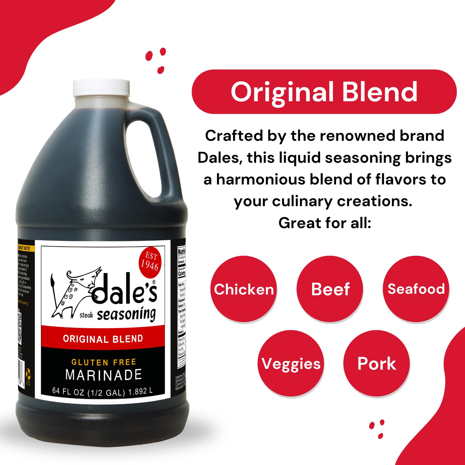 Original Steak, Poultry and Vegetable Seasoning By Dale's, Gluten Free | Delicious on All Meats, Fish, and Vegetables | 64 oz Bottle (Family Size) | No Long Marinating, Savory Blend of Exotic Spices!