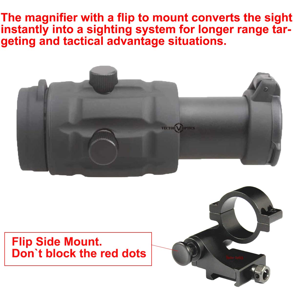 TAC Vector Optics Rubber Armored 3X Magnifier Holographic Red Dot Sight Scope Flip to Side QD Weaver Mount Color Black