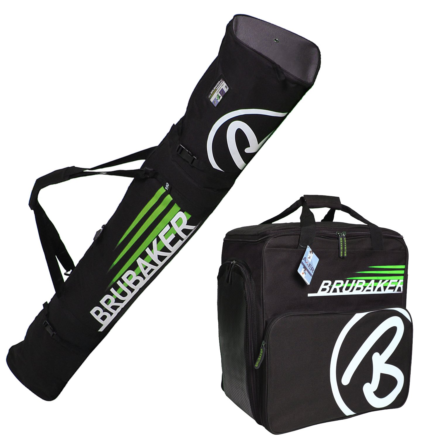 BRUBAKER "Champion Combo Ski Boot Bag and Ski Bag for 1 Pair of Ski up to 190 cm, Poles, Boots and Helmet - Black Green