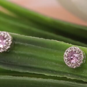 Dazzlingrock Collection 2.5mm Round Pink Sapphire & White Diamond Halo Stud Earrings for Women in 10K White Gold in Screw Back