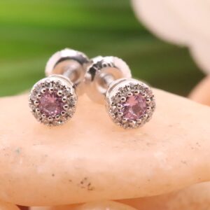 Dazzlingrock Collection 2.5mm Round Pink Sapphire & White Diamond Halo Stud Earrings for Women in 10K White Gold in Screw Back