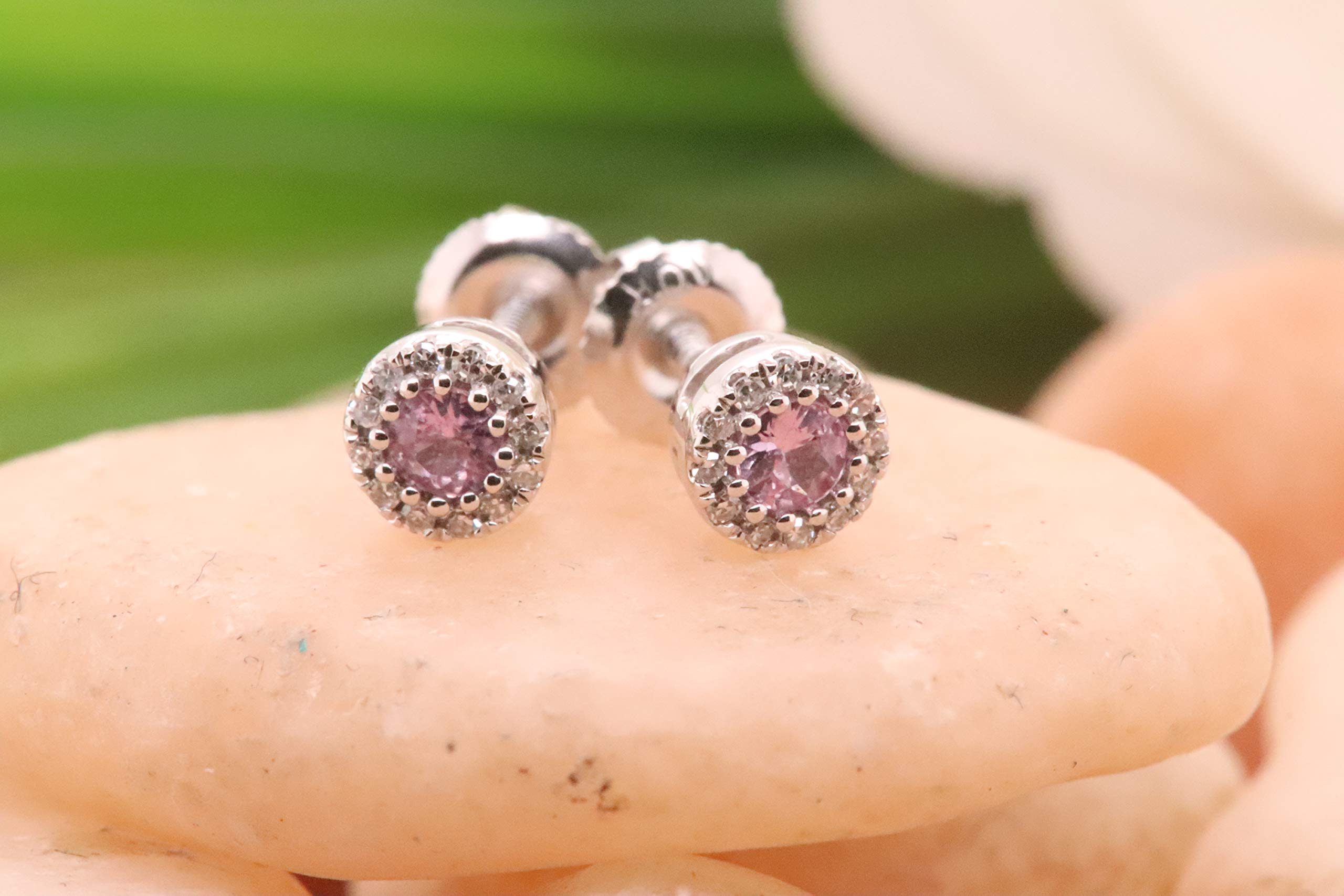 Dazzlingrock Collection 2.5mm Round Pink Sapphire & White Diamond Halo Stud Earrings for Women in 10K White Gold in Screw Back