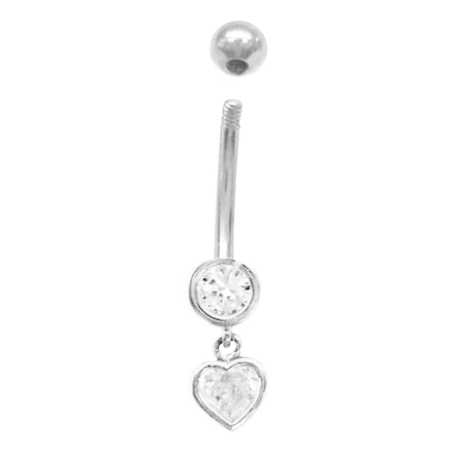 Ritastephens 14k Solid White Gold Cubic Zirconia Dangle Heart Belly Button Navel Ring Body Art 14 Gauge