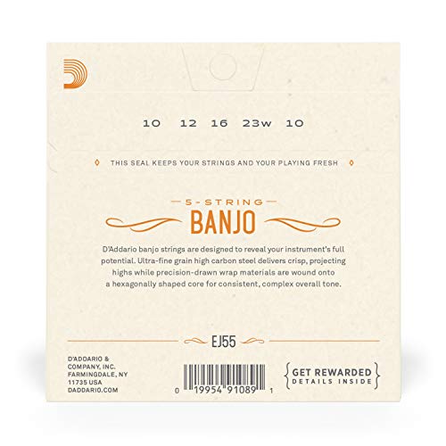 D'Addario EJ55 Banjo Strings 5 String Set - Banjo Strings Set - Phosphor Bronze, Medium, 10-23