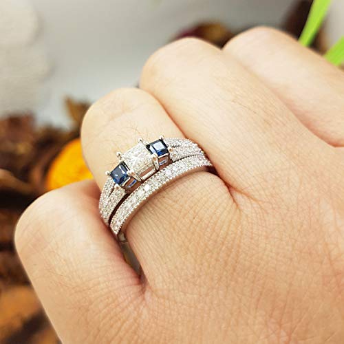 Dazzlingrock Collection 10K Blue Sapphire & White Diamond Women 3 Stone Wedding Ring Set, White Gold, Size 4.5