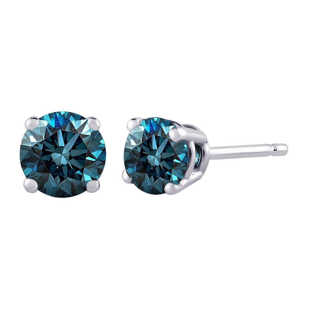 KATARINA 1/10 cttw Blue - I1 Round Brilliant Cut Diamond Earring Studs in 14K White Gold