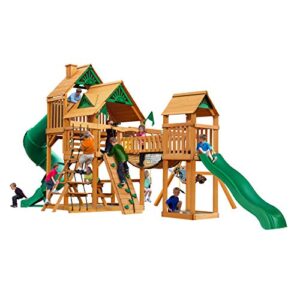 gorilla playsets 01-1021-ap treasure trove i wood swing set with wood roof, clatter bridge, and rock wall, amber