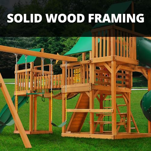 Gorilla Playsets 01-1021-AP Treasure Trove I Wood Swing Set with Wood Roof, Clatter Bridge, and Rock Wall, Amber