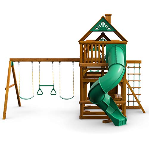 Gorilla Playsets 01-1021-AP Treasure Trove I Wood Swing Set with Wood Roof, Clatter Bridge, and Rock Wall, Amber