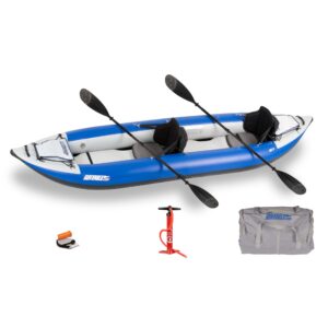 Sea Eagle 380X 12'6" Explorer Inflatable Kayak- Fishing, Touring, Camping, Exploring &White watering-Self Bailing, Removable Skeg, Drop Stitch Floor (2 Person Pro w/Carbon Paddle)