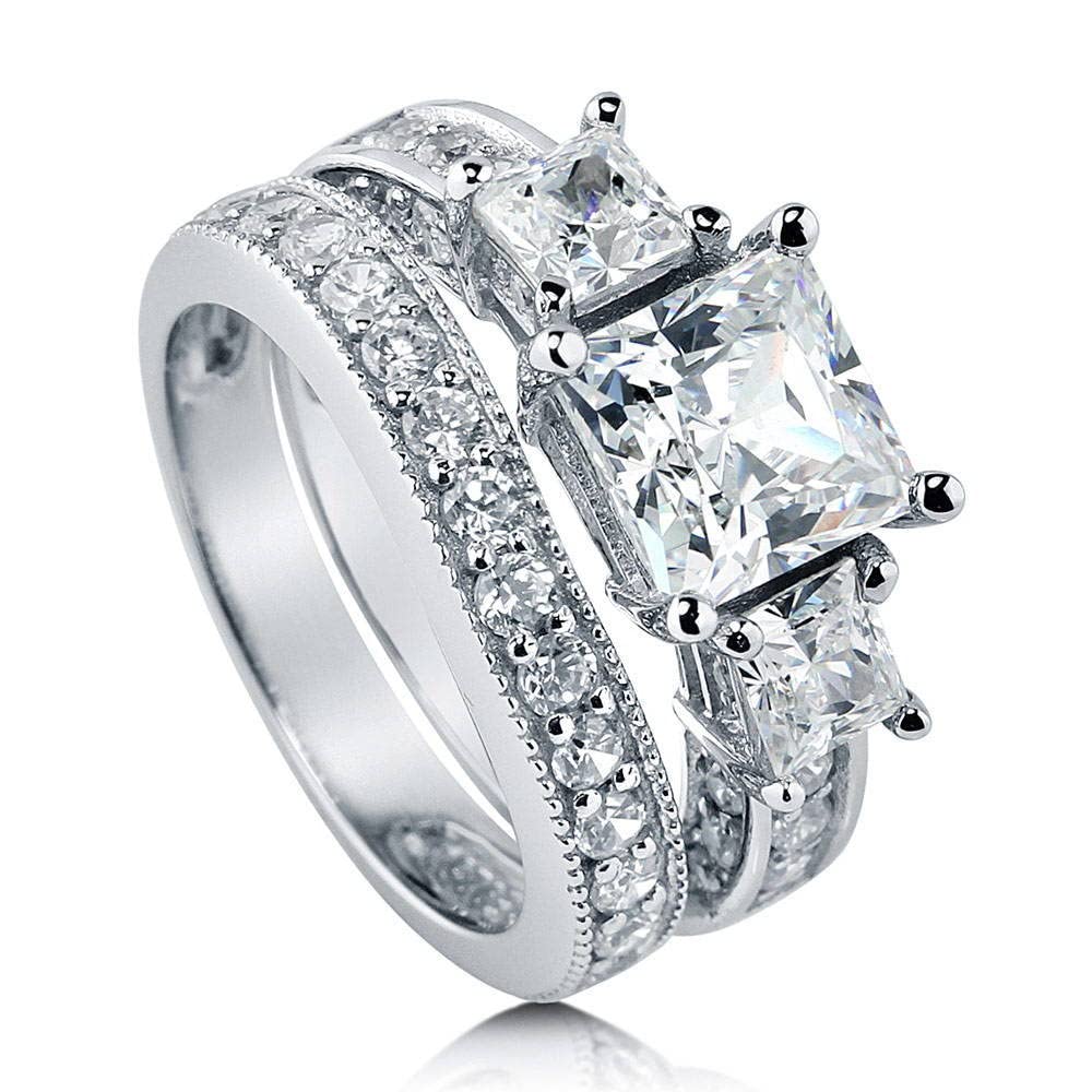 BERRICLE Sterling Silver 3-Stone Wedding Engagement Rings Princess Cut Cubic Zirconia CZ Ring Set for Women, Rhodium Plated Size 10