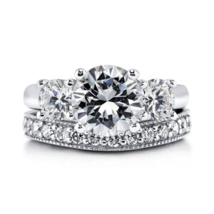 BERRICLE Sterling Silver 3-Stone Wedding Engagement Rings Round Cubic Zirconia CZ Ring Set for Women, Rhodium Plated Size 5.5