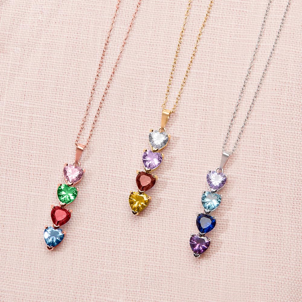 EVE'S ADDICTION Custom 4 Stone Simulated Birthstone Heart Necklace (16"), 925 Sterling Silver Heart Drop Necklace for Women - Women's Personalized Heart Necklace - Gifts for Mom