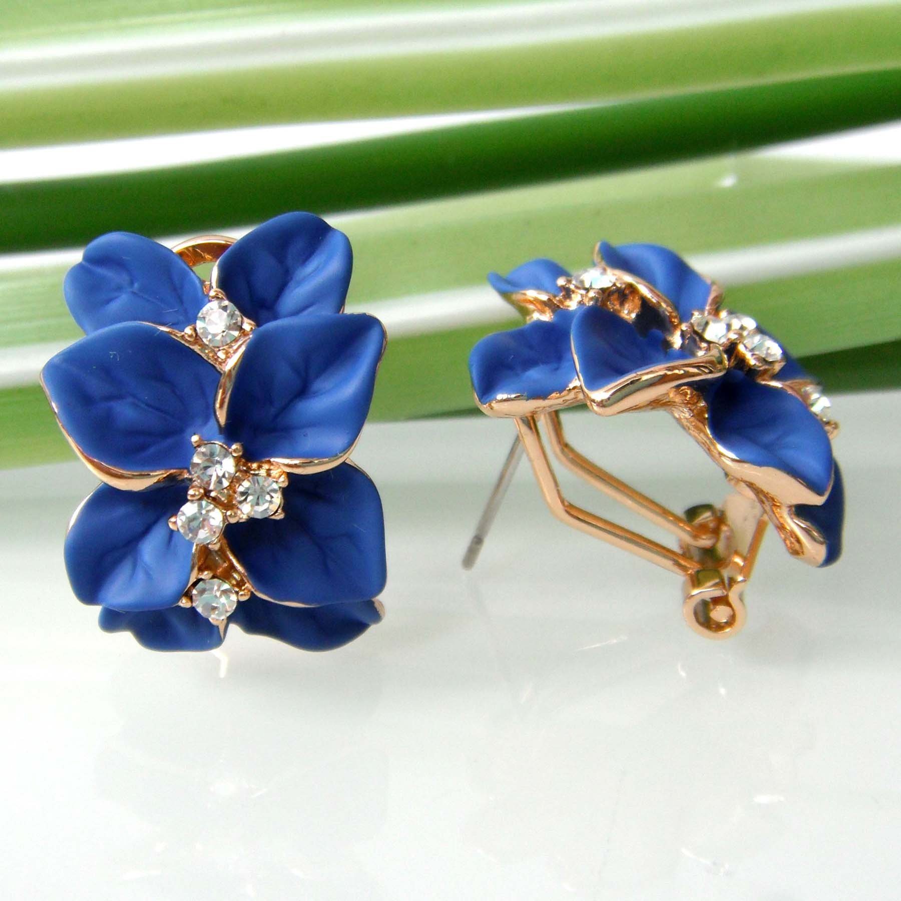 Navachi 18k Gold Plated Crystal Blue Enamel Leaves Flower Omega Earrings