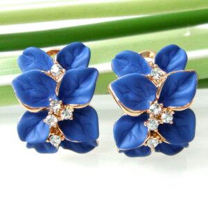 Navachi 18k Gold Plated Crystal Blue Enamel Leaves Flower Omega Earrings