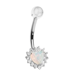 Ritastephens 14k White Gold Heart Created Opal Belly Navel Ring Cubic Zirconia