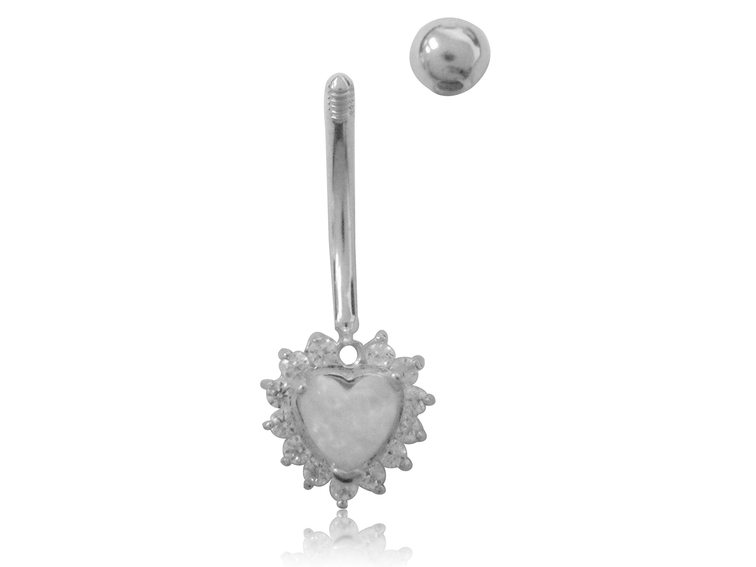 Ritastephens 14k White Gold Heart Created Opal Belly Navel Ring Cubic Zirconia