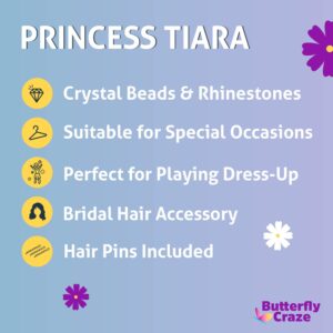 Butterfly Craze Princess Crown Comb Mini Tiara for Kids - Ideal for Wedding Entourage like Flower Girls, Add a Touch of Royalty to Your Child's Birthday Party, Perfect for Dress Up, Pretend Play