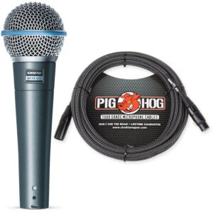 Shure Beta 58A Supercardioid Vocal Microphone & Pig Hog Black & White Woven Mic Cable, 20ft XLR - Bundle