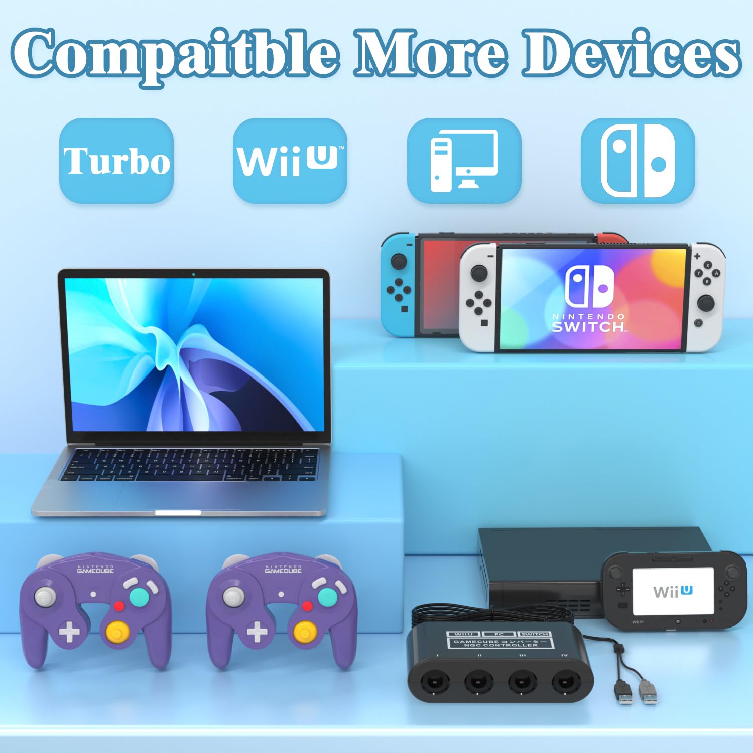 pdobq Gamecube Controller Adapter for Nintendo Switch Gamecube Adapter, Super Smash Bros Gamecube Adapter for Wii u/Switch/PC USB, Support 4 Gamecube Controller and 180cm Long Data Cable