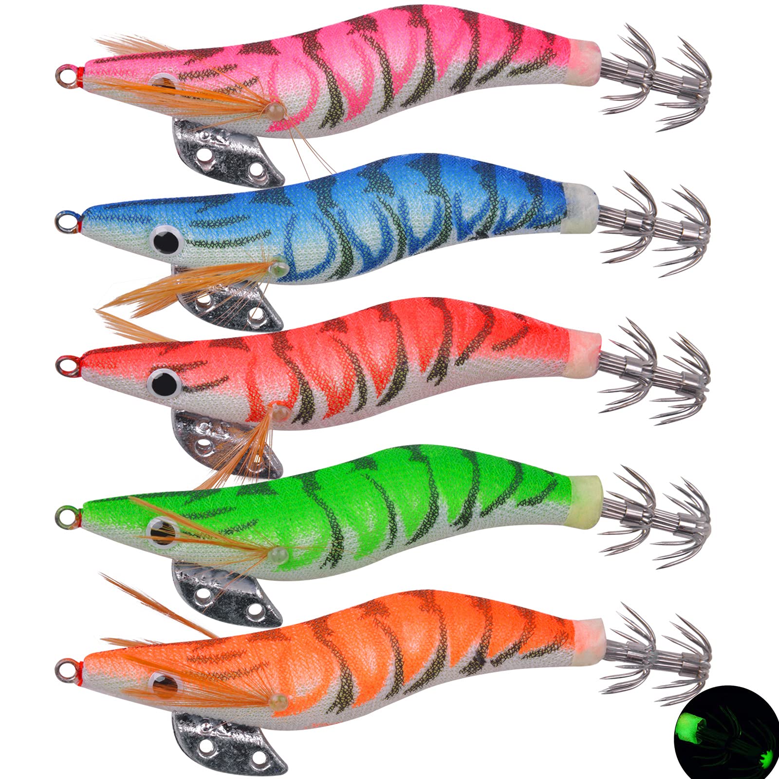 Glow Squid Jigs Saltwater Fishing Lures 10pcs Shrimp Prawn Lures Luminous for Cuttlefish Octopus Fishing Lures Kit