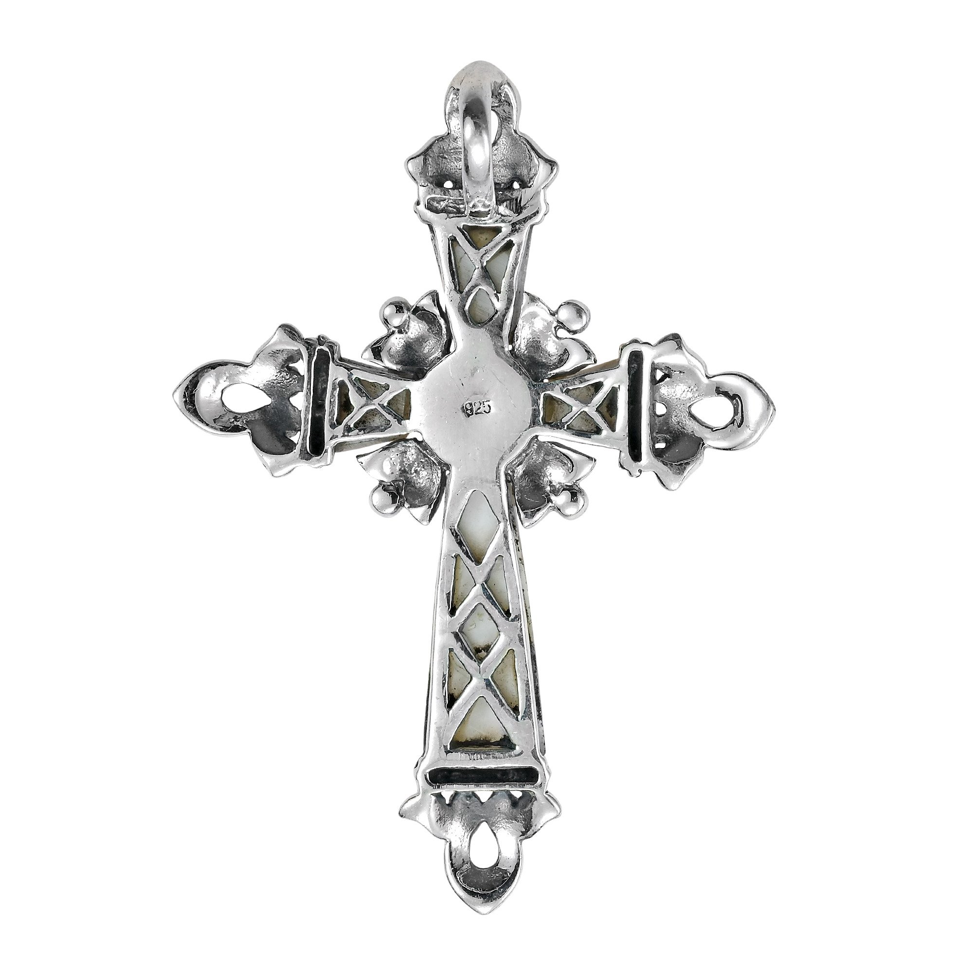 AeraVida Vintage Cross White Mother of Pearl & Marcasite Style Pyrite .925 Sterling Silver Pendant