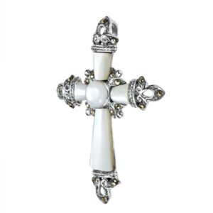 AeraVida Vintage Cross White Mother of Pearl & Marcasite Style Pyrite .925 Sterling Silver Pendant