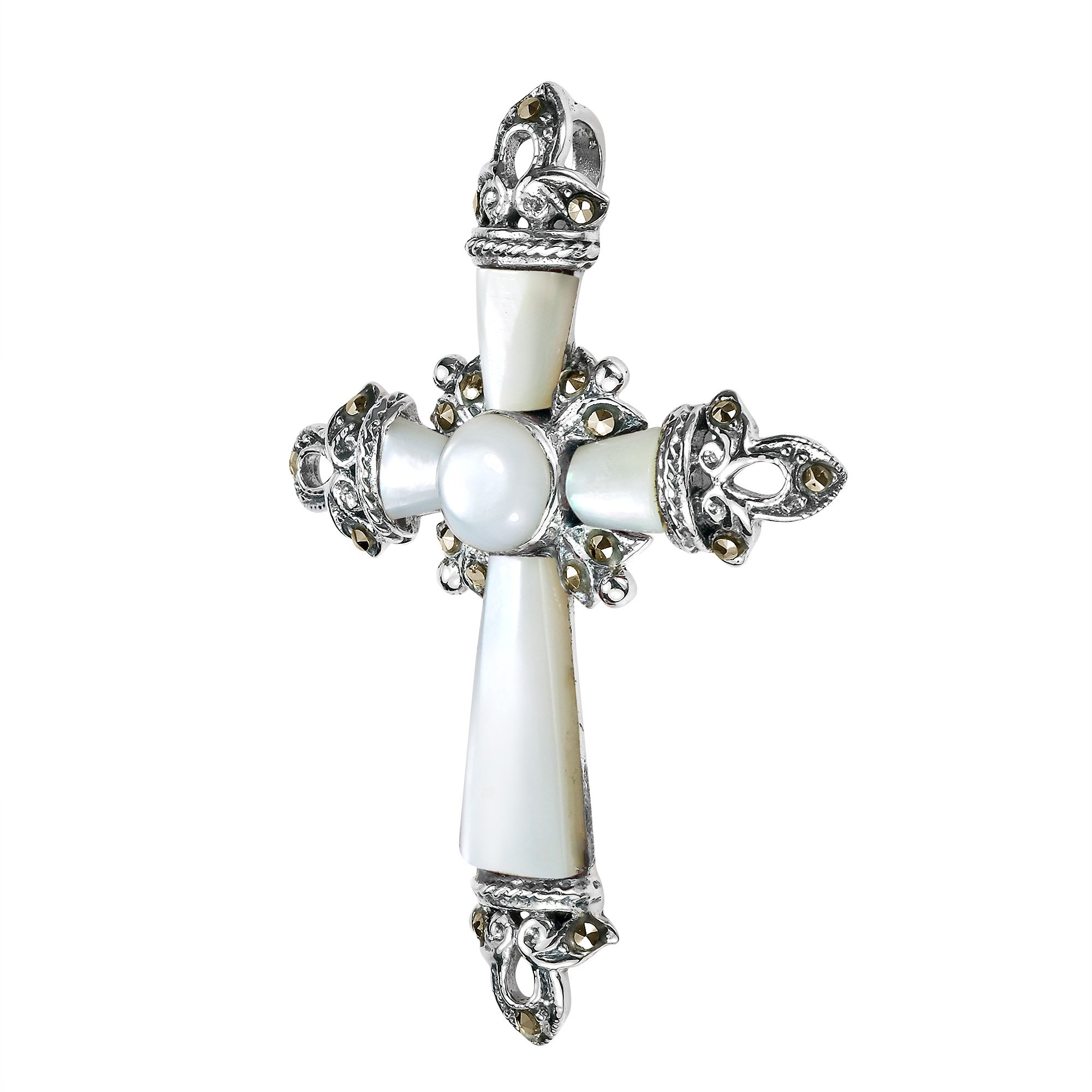 AeraVida Vintage Cross White Mother of Pearl & Marcasite Style Pyrite .925 Sterling Silver Pendant