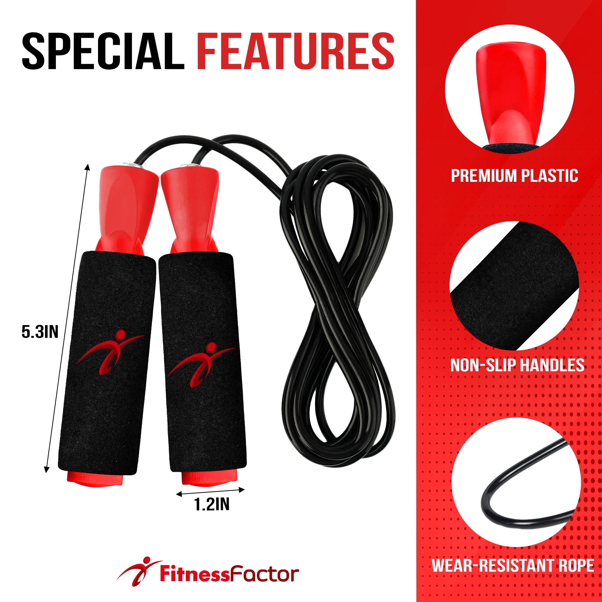 Fitness Factor Jump Rope With Adjustable Length, Tangle-Free Skipping Rope for Gym Workout,Crossfit, Fitness Exercise, WOD, Boxing, MMA, Endurance Training Include Carrying Pouch (Red)