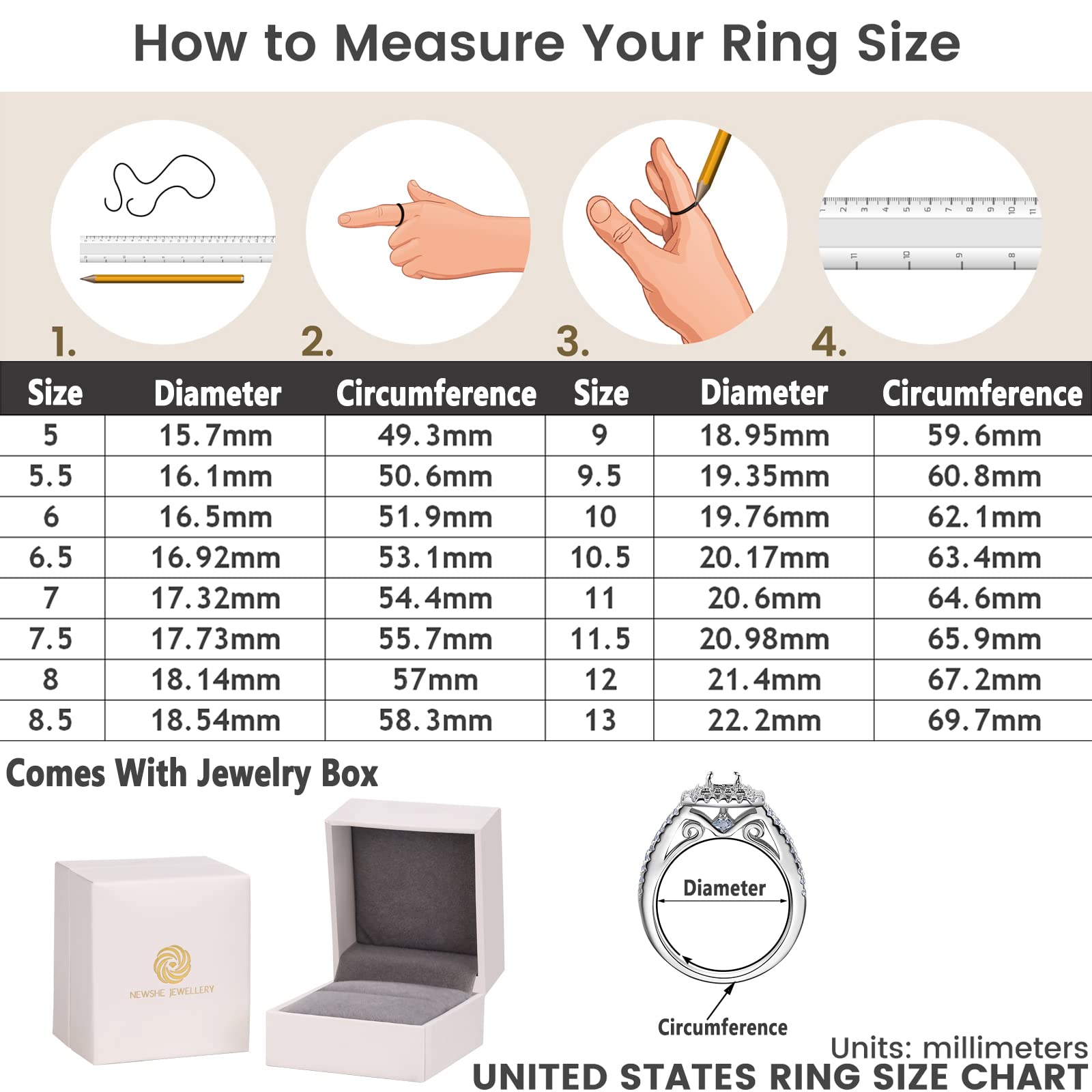 Newshe Wedding Rings for Women Engagement Ring Set 925 Sterling Silver 2.4Ct Round White AAAAA Cz Size 8