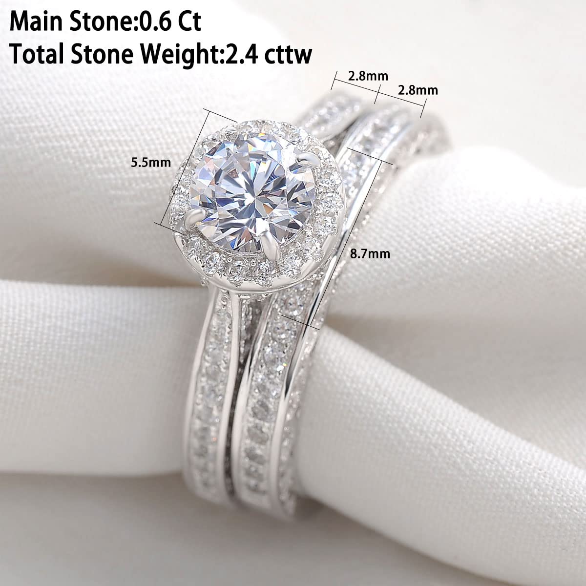 Newshe Wedding Rings for Women Engagement Ring Set 925 Sterling Silver 2.4Ct Round White AAAAA Cz Size 7