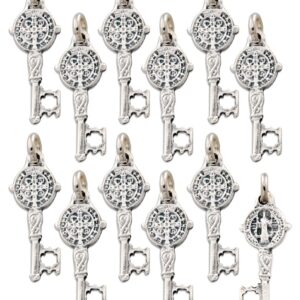 Catholica Shop Lot of 12 Silver Tone Saint St. Benedict Key of Heaven Medal Pendant Charm - 0.31" W x 0.94" L