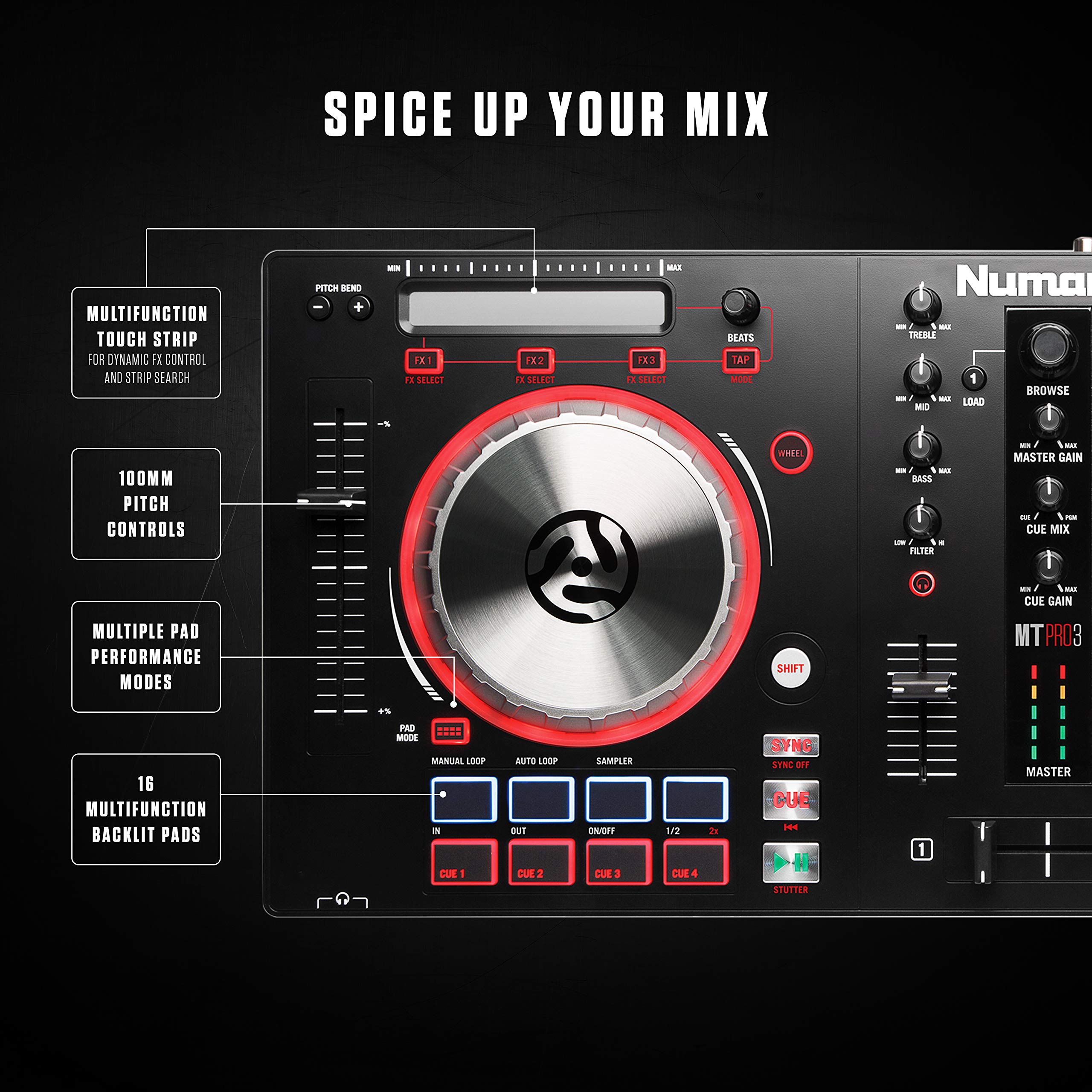 Numark Mixtrack Pro 3 | All In One 2 Deck DJ Controller for Serato DJ Including an On board Audio Interface, 5 inch High Resolution Jog Wheels and Serato DJ Intro & Prime Loops Remix Tool Kit