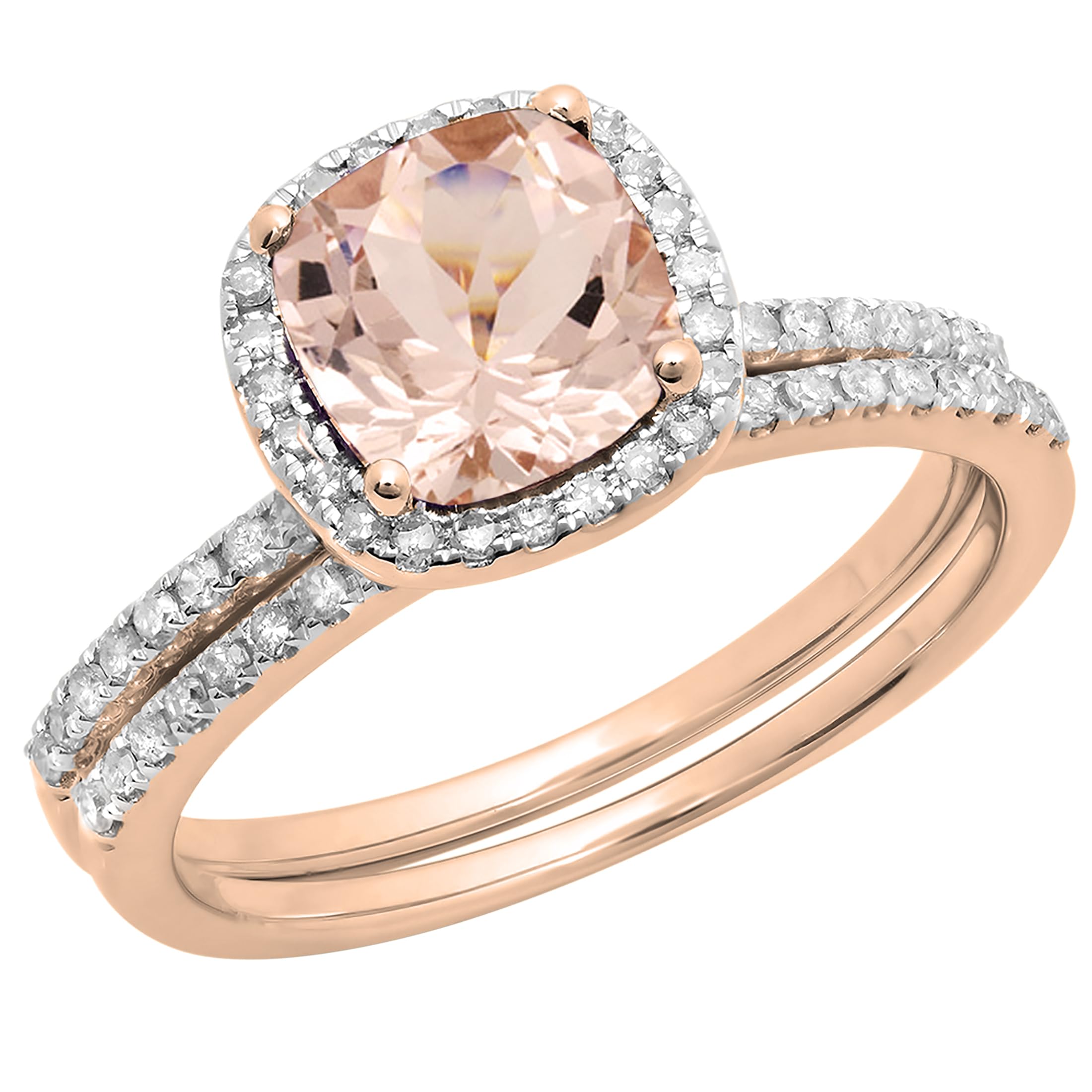 Dazzlingrock Collection 10K Cushion Cut Morganite & Round White Diamond Halo Wedding Ring Set, Rose Gold, Size 7.5