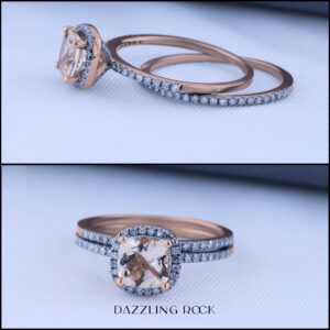 Dazzlingrock Collection 10K Cushion Cut Morganite & Round White Diamond Halo Wedding Ring Set, Rose Gold, Size 7.5