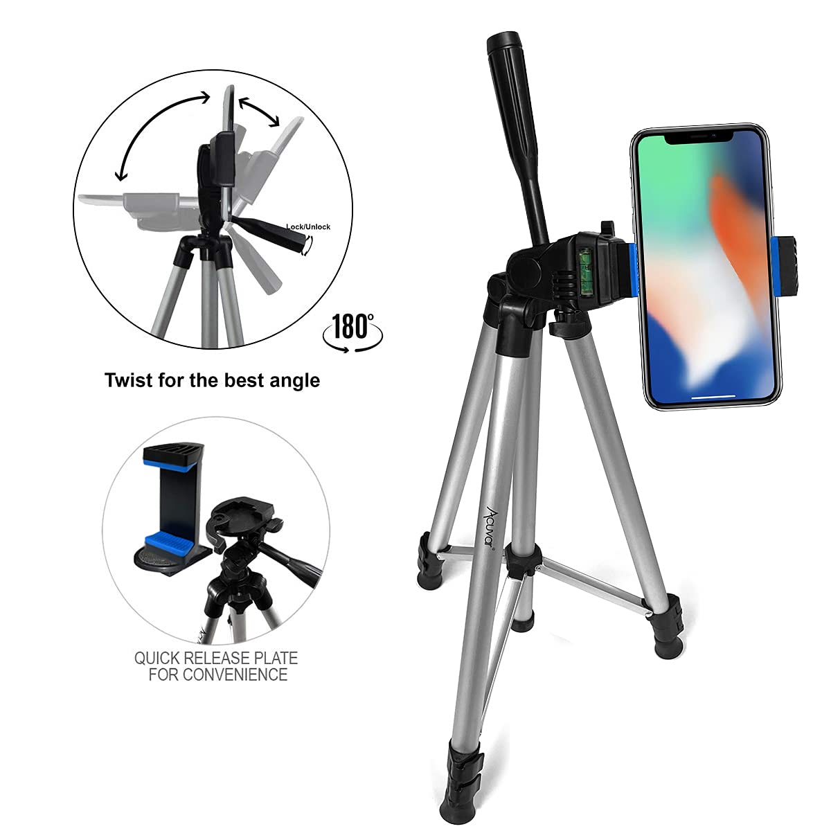 Acuvar 50" Smartphone/Camera Tripod Fits All smartphones iPhone 12 Max, 11 Pro Max, 11 Pro, 11, Xs, Max, Xr, X 8, 8+, 7, 7 Plus, Android Note 10 (Universal Mount + Remote)