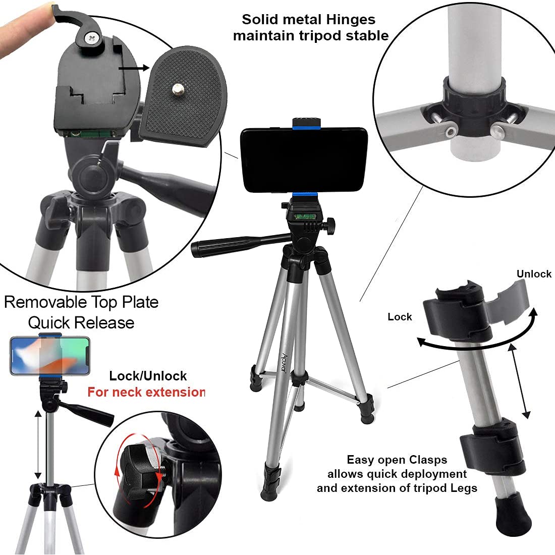 Acuvar 50" Smartphone/Camera Tripod Fits All smartphones iPhone 12 Max, 11 Pro Max, 11 Pro, 11, Xs, Max, Xr, X 8, 8+, 7, 7 Plus, Android Note 10 (Universal Mount + Remote)