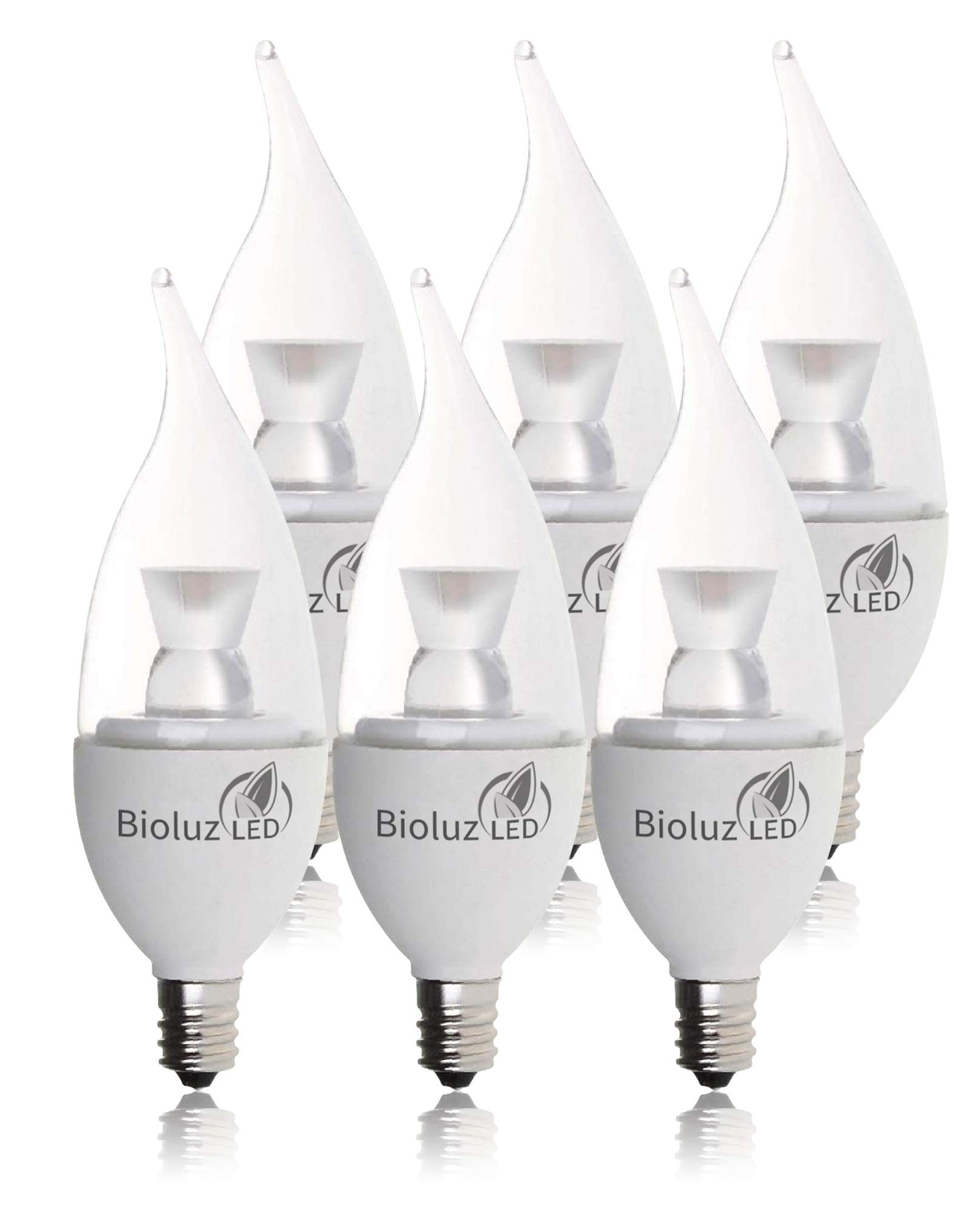 Bioluz LED 6 Pack Flame Tip Candelabra LED Bulb, Dimmable 40 Watt Chandelier Bulbs 40 (uses 4.5W) Watt E12 Base Candle Bulbs 2700K (Warm White) Indoor/Outdoor