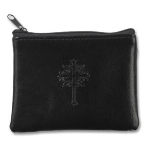 fleur de lis cross on genuine leather rosary case with zipper closure, black by christian brands